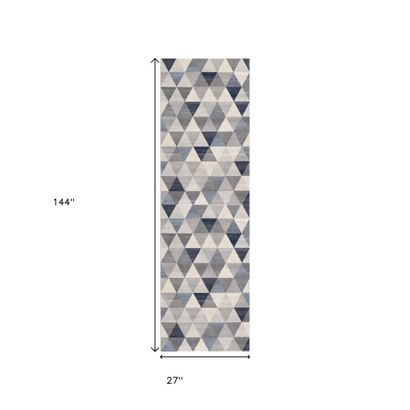 12' Blue And Beige Geometric Runner Rug