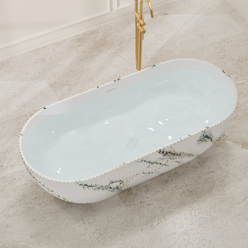 67" Marble Texture Design Solid Surface Freestanding Bathtub With Stripe Design