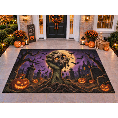 Tapis d'extérieur 152 x 213 cm (5 pi x 7 pi) motif Halloween crâne chauve-souris lune, épais, imperméable, en PVC bouclé, résistant, séchage rapide, idéal pour terrasse, balcon ou entrée.