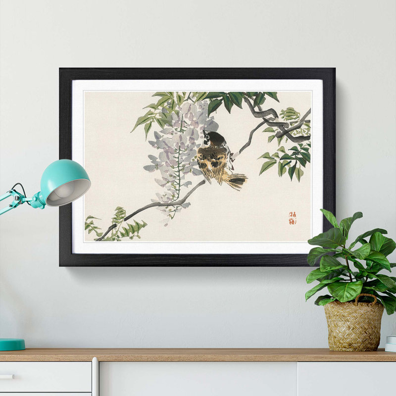 Sparrow on a Branch by Kono Baireir - Picture Frame Painting Print, 27cm H x 36cm W x 2cm D, Black Framed