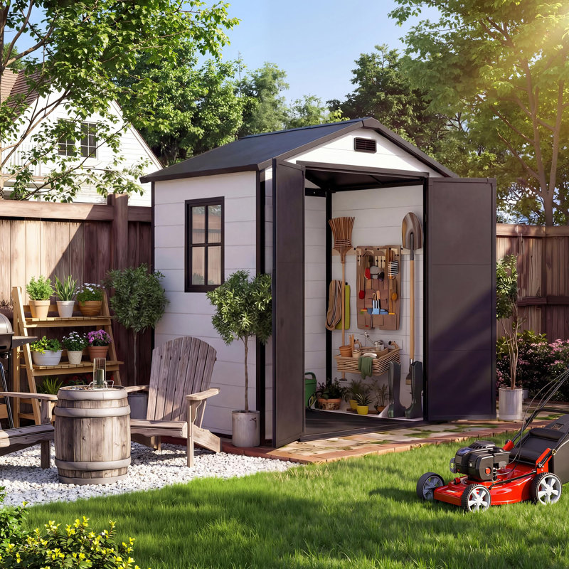 1.8x1.2m Grayish Resin Outdoor Storage Shed with Floor, Window, Sloped Roof & Lockable Door for Backyard Patio Garden Tool Storage, White & Black