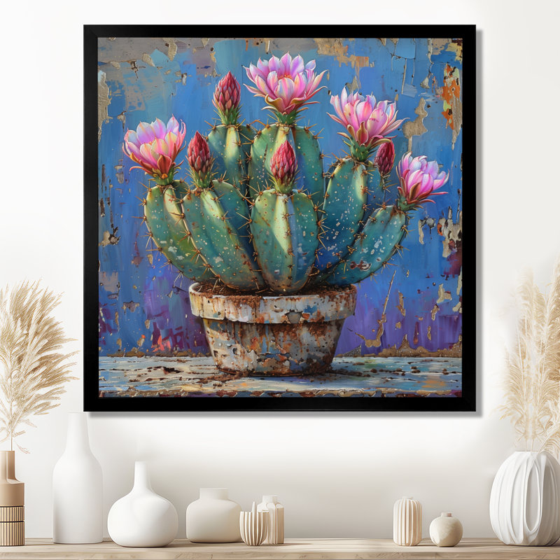 Cactus rose en poterie du désert - impression d'art mural cactus floral, H 36 po x l 36 po x P 1,5 po