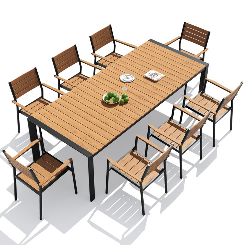 Ensemble de salle à manger pour 8 personnes en aluminium l 95 po x P 40 po avec fauteuils empilables et trou pour parasol