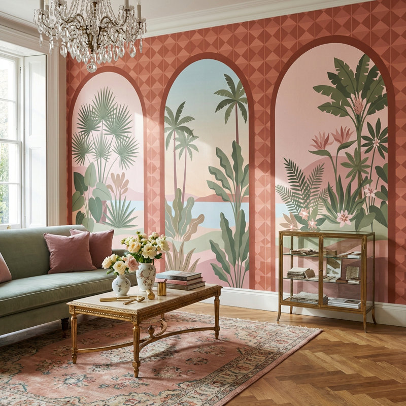 Murale arquée avec papier peint paysage côtier tropical, 100 po x 96 po, Non tissé