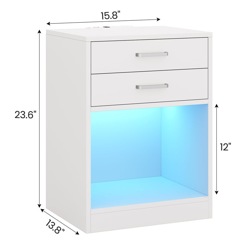 Led Nightstands Set Of 2,nightstand With Charging Station, Bedside Table With Power Outlets And Drawer, White/Silver