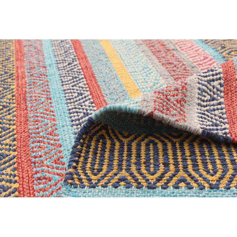 Tapis géométrique en laine à motif géométrique fait à la main turquoise / rose / brun