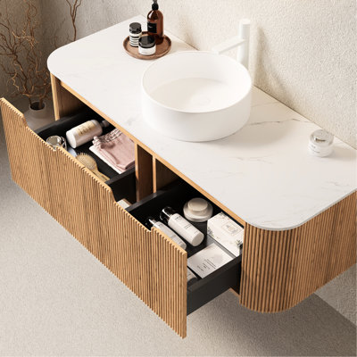 Meuble-lavabo 48 po avec lavabo vasque rond en céramique blanc, rangement, panneaux de tiroir à rayures 3D, armoire en contreplaqué haute résistance