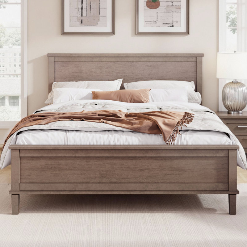Grand lit plateforme Mid-Century avec tête de lit - Structure en bois massif avec 10 lattes et rangement sous le lit de 8,7 po