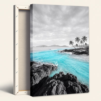 Tableau mural sur toile noire et blanche représentant une eau turquoise et des palmiers