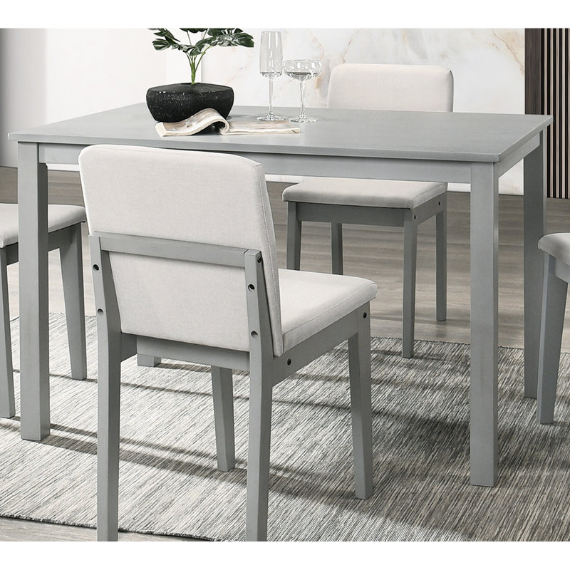 Salle à manger 5 pièces à finition grise avec table rectangulaire et 4 chaises, sièges rembourrés beiges, placage en bois d'hévéa, mobilier de style transitionnel 5, table, beauté classique en bois massif