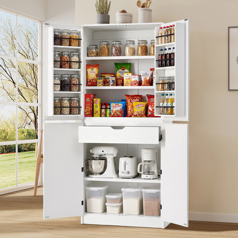 Armoire garde-manger courbée de 72 po avec tablettes et tiroir Nelson, Blanc