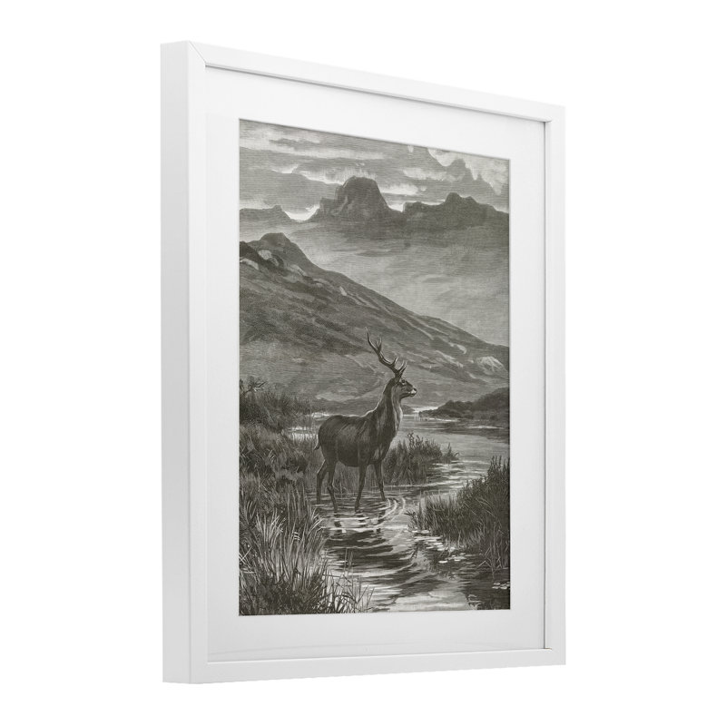 «Vintage Stag & Mountains», reproduction encadrée sous verre, design par Wild Apple Portfolio, H 16 po x l 13 po