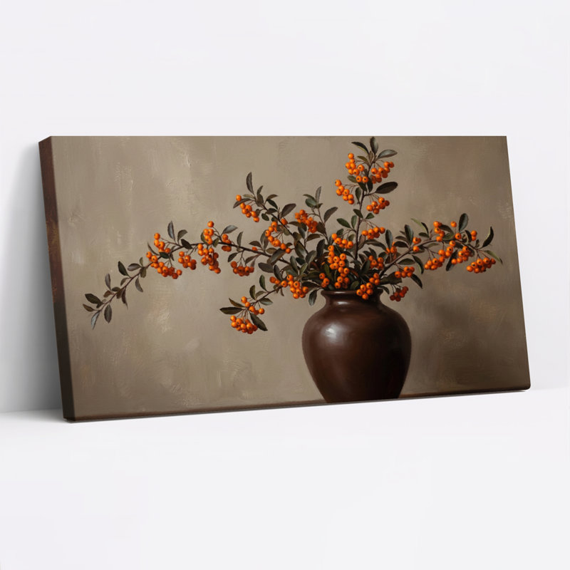 Ensemble de 1 tableau sur toile tendue représentant des baies et des feuilles d'oranger dans un vase brun, 4020