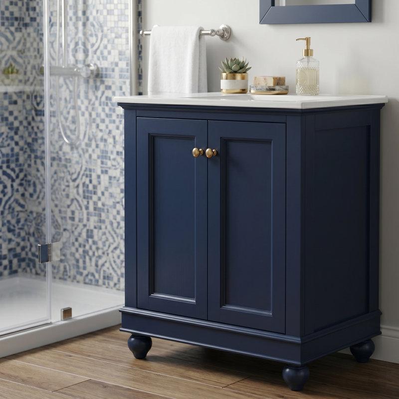 Meuble-lavabo minimaliste 24 po avec pieds sculptés et tablette réglable - Armoire de rangement à fermeture en douceur avec lavabo en céramique pour les petites salles de bain ou les salles d'eau