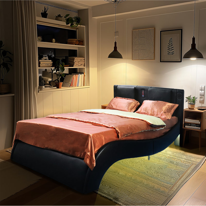 Structure de lit avec similicuir et éclairage à DEL modulaire en cuir vibrant, 3 intensités, Noir, Très grand lit