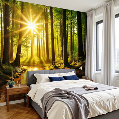 Peel and Stick Wallpaper Sunlight Trees Stream Green Forest peaceful woodland Wall Murals 100"H x 144"W Removable PVC Wall Paper Self-Adhesive Wall Decor for Bedroom Living Room Home Office