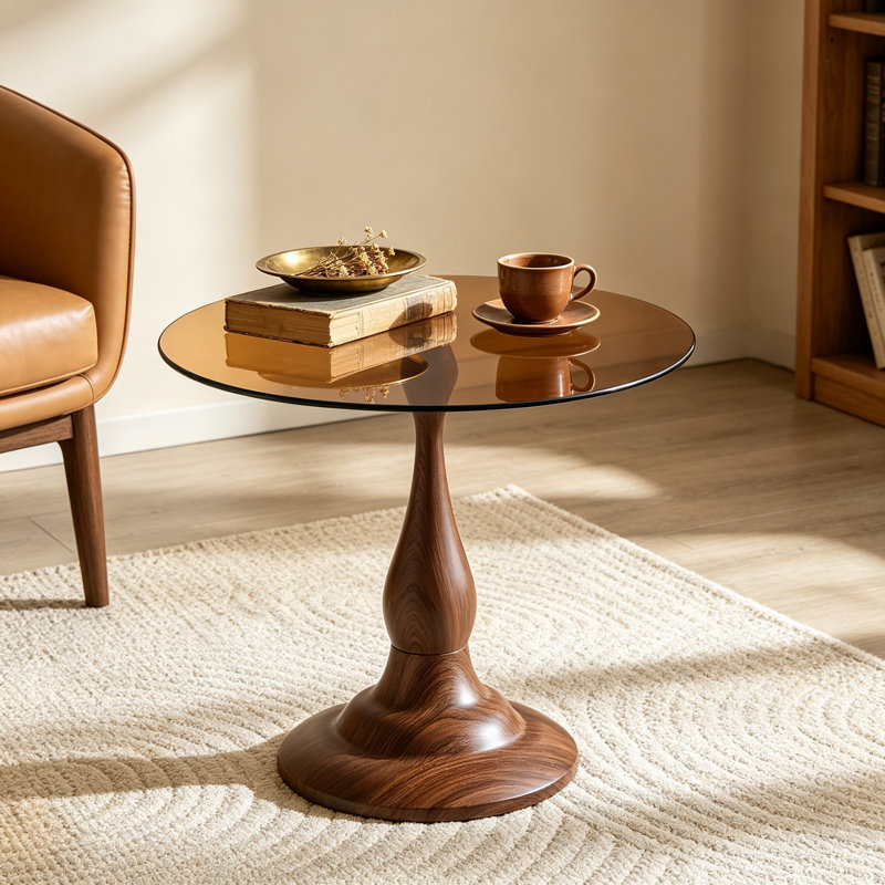 Table d'appoint en métal au fini noyer, plateau rond en verre trempé ambré de 50 cm, pied en forme de vase, idéal pour le salon ou la chambre.