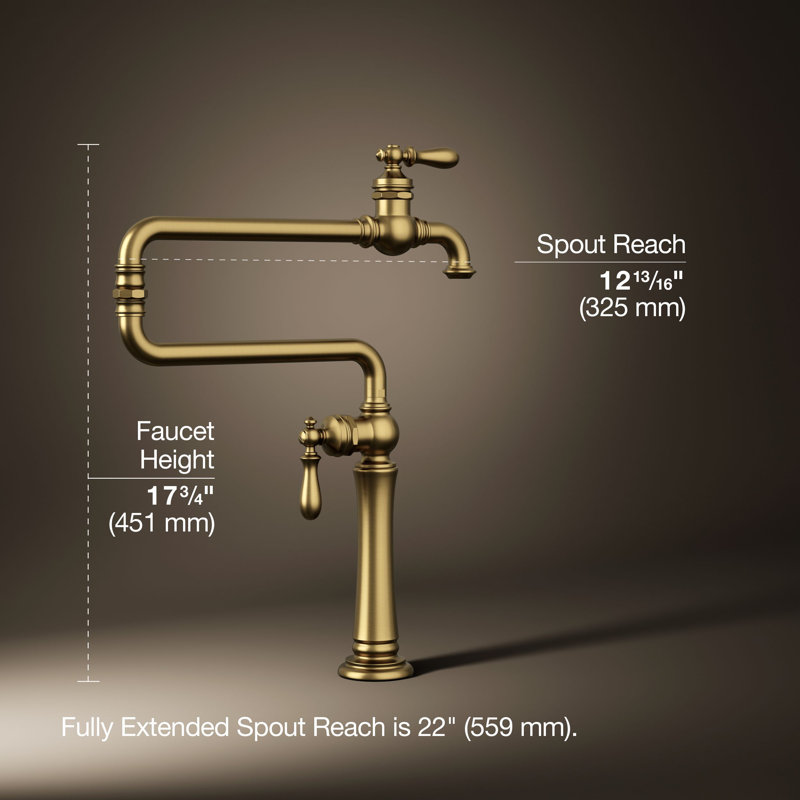 Artifacts® Single-Hole Deck-Mount Pot Filler with Extended Spout, Vibrant Brushed Moderne Brass