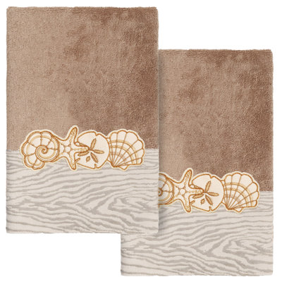 SHELL ROW 2PC Embellished Hand Towel Set 100% Turkish Cotton Hand Towel