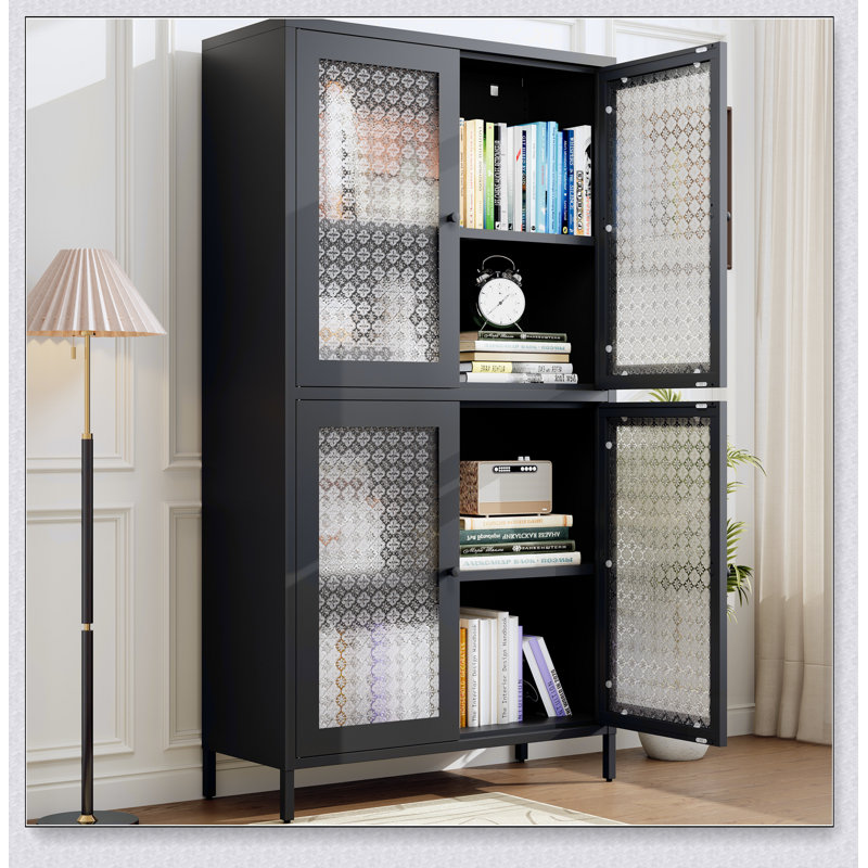Classic Metal Storage Cabinet Display Cabinet with 4 Glass Doors 4 Shelves Cabinet Freestanding Bookcase Side Cabinet for Home Office Living Room Kitchen Hallway - Black, Begonia Flower Tempered Glass