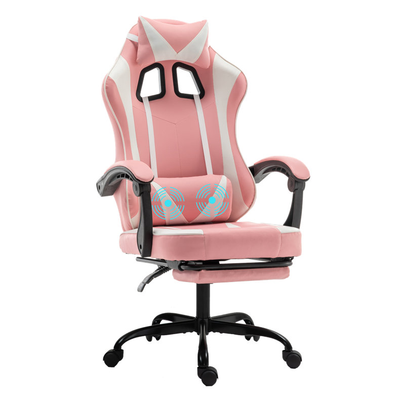 Radelldar Adjustable Reclining Ergonomic Faux Leather Swiveling PC & Racing Game Chair with Footrest, Pink/White