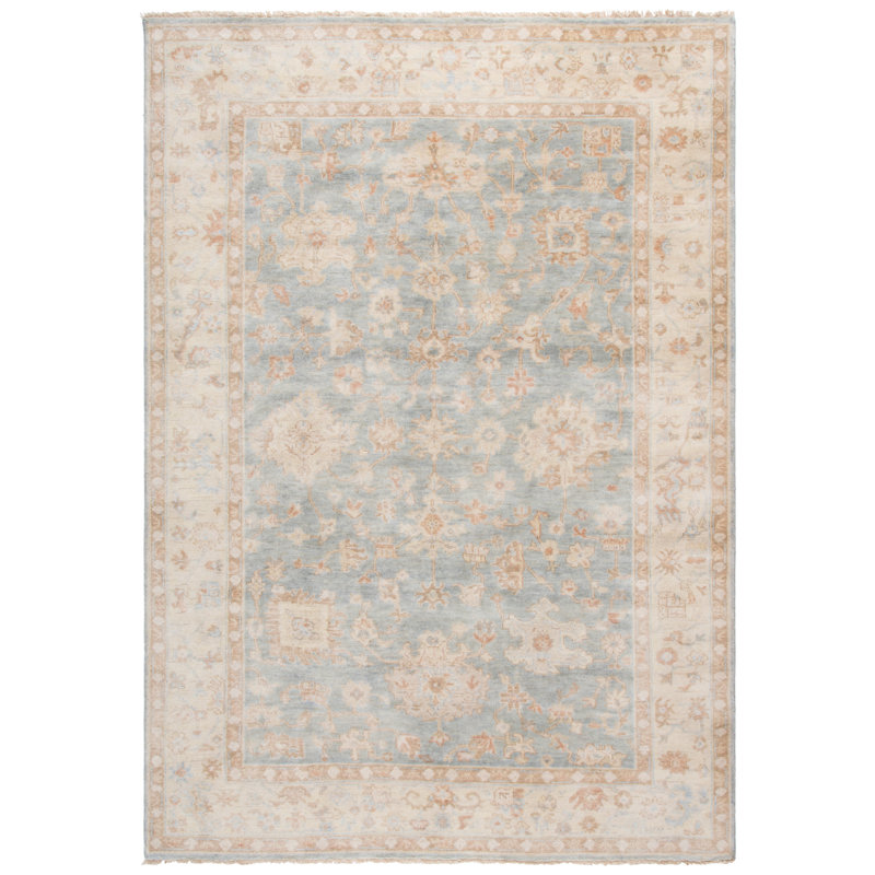 Oushak Hand Knotted Wool/Cotton Solid Color Rug in Light Blue/Beige, Rectangle 6' x 9'