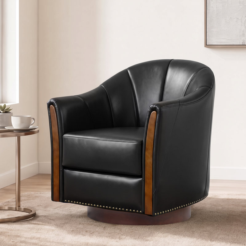 Fauteuil demi-tonneau pivotant rembourré en cuir végétalien de 28 po de largeur avec base en bois massif, Noir