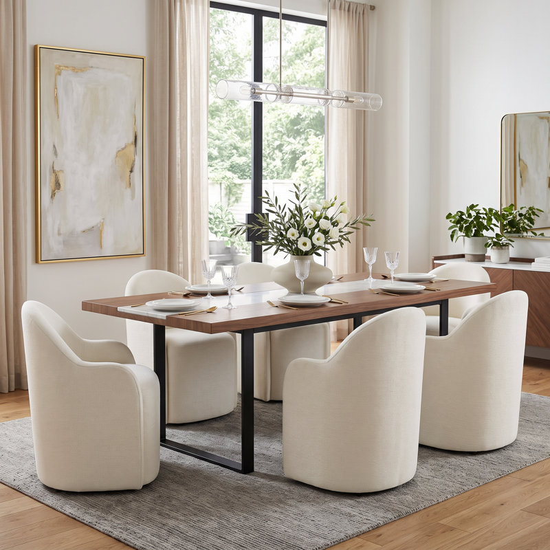 Upholstered Dining Chairs with Hidden Casters, Linen