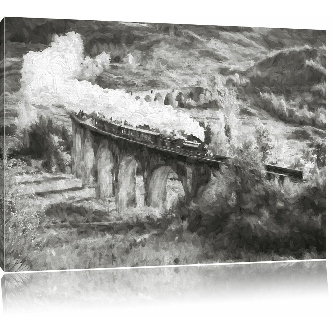 Leinwandbild "Eine Dampflokomotive fährt über das Glenfinnan Viadukt", Grafikdruck in s/w