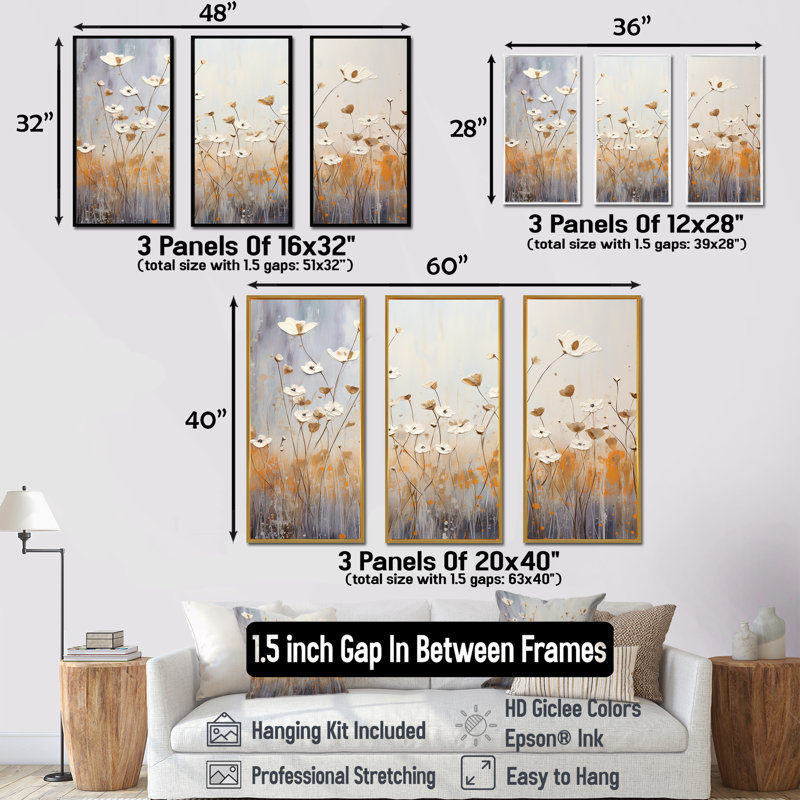 Minimalisme «Snowdrop Flowers Harmony II - Snowdrops», ensemble d'art mural, Cadre flottant blanc, H 32 po x l 48 po x P 1 po