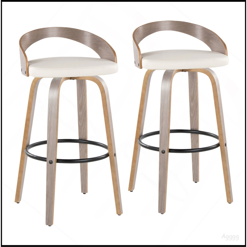 Tabouret de bar avec pivot en bois gris clair et similicuir blanc avec repose-pieds rond en métal noir - ensemble de 2