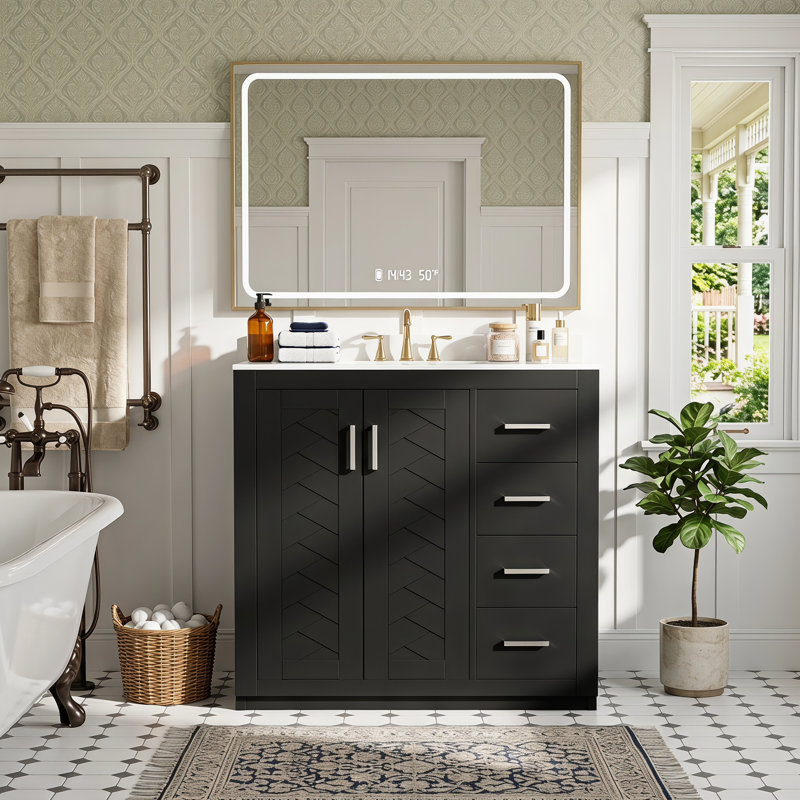 Ensemble de meuble-lavabo 36 po avec lavabo en céramique, meuble de rangement pour salle de bain avec cadre en bois massif, ensemble de meuble-lavabo autoportant avec 3 tiroirs et portes à fermeture douce