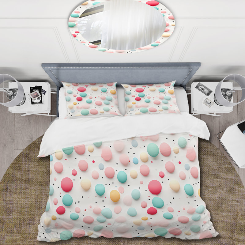 Ensemble de housse de couette à pois bleu et rose, Housse de couette pour grand lit et 2 taies décor