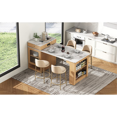 Îlot de cuisine 59,5 po avec table de salle à manger extensible K&K, table de rangement avec rangement double-face, îlot de cuisine avec 2 tiroirs, prise de courant, tablettes ouvertes sur le côté