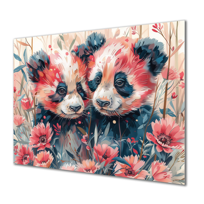 Rose et noir, Pandas, prairie I - Panda, art mural, Sans cadre, H 16 po x l 32 po