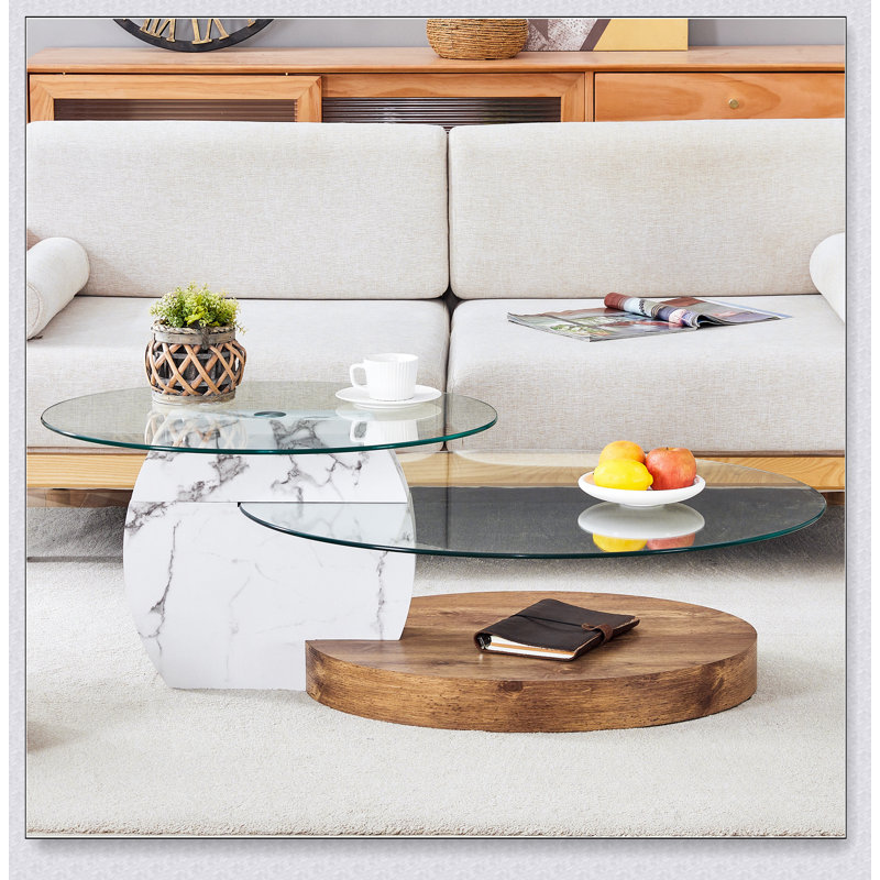 Table basse à double couche Contemporary Artistic - marbre blanc et collage de grain de bois, plusieurs couleurs disponibles, plateau en verre renforcé