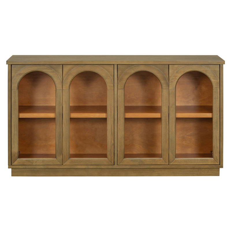 Grande armoire de rangement à 4 portes avec portes en verre, conception arquée et tablettes réglables pour une utilisation polyvalente dans la cuisine, la salle à manger et le salon
