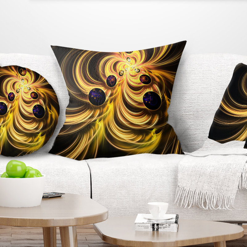 Flammes fractales jaunes - coussin imprimé abstrait, 16 po x 1 po, Coussin décoratif