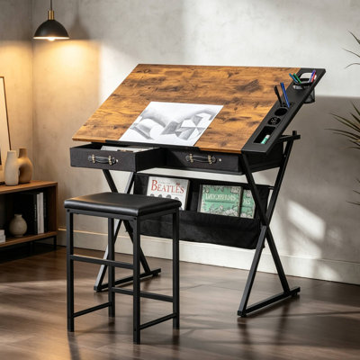 Yumisani Drawing Table with Stool Table Top Adjustable Angle with 2 Drawers Drawing Square Table