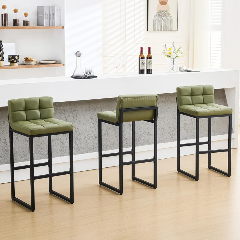 Tabouret de bar rembourré à dossier bas avec structure en métal épaissie pour îlot de cuisine, 3, Vert