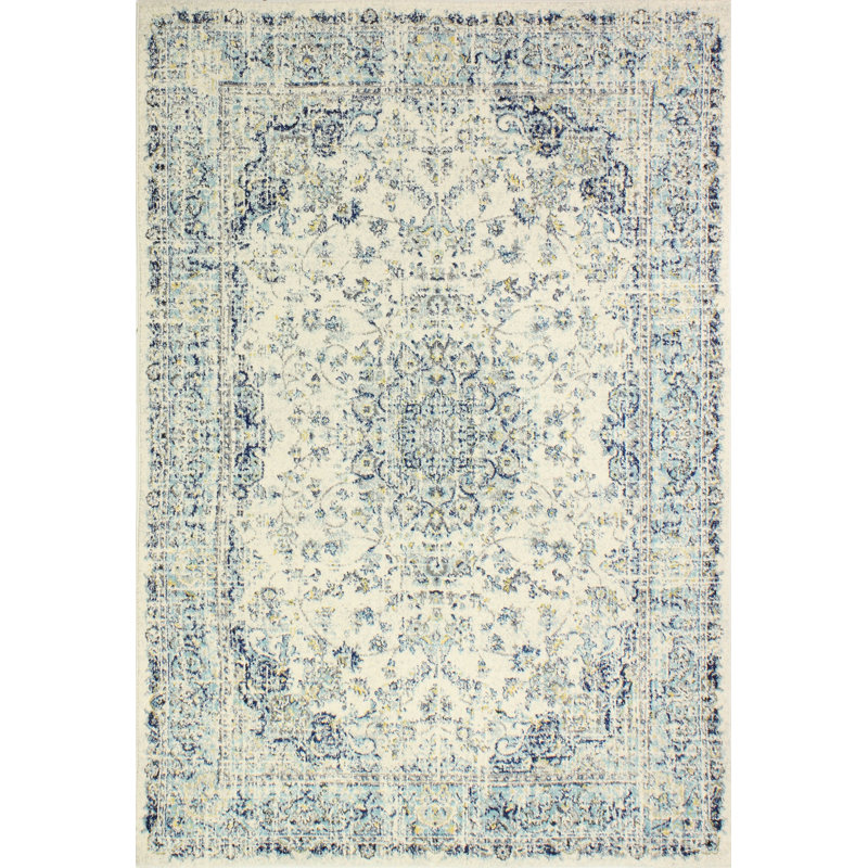 Ivory and Blue Synthetic Washable Rectangular Rug 4' x 6'