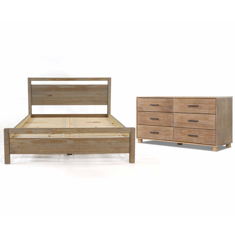 Ensemble de chambre avec grand lit plateforme en bois massif Loft, Pin délavé, 2 pièces : lit, commode, Queen