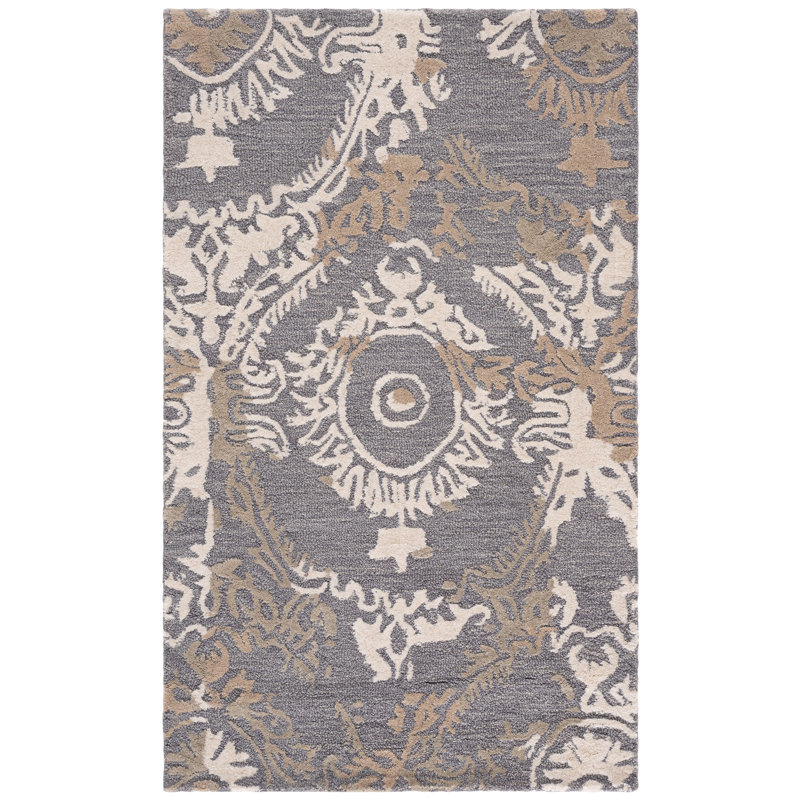 Delaina Ebony Hand Tufted Wool/Cotton Damask Rug in Gray/Ivory, Rectangle 3' x 5'