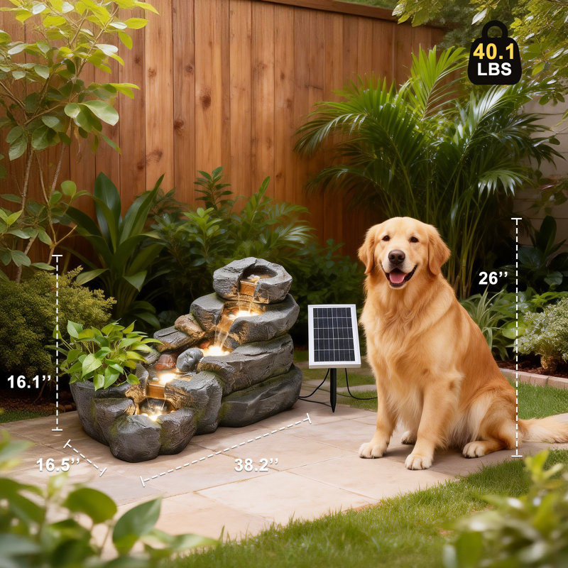 5-tier Solar Water Fountain Outdoor, 38.2" L Rock Waterfall Hanaleigh Solar Powered Floor Standing Outdoor Water Feature With Led Lights For Patio, Garden,porch, Yard, Home Art Decor