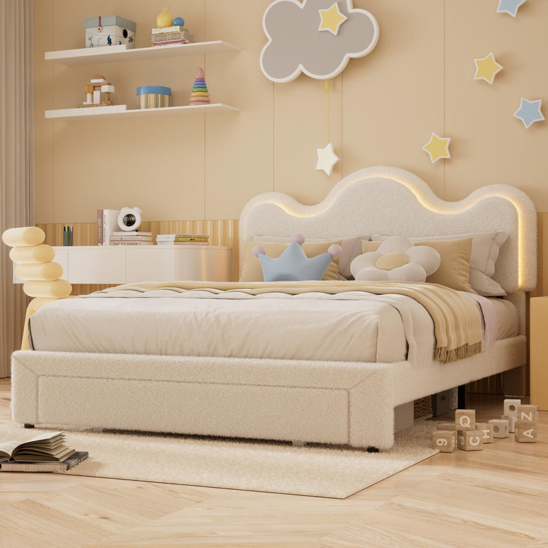 Boucle Bed Frame with Flower Headboard Upholstered Princess Bed Frame, White, Queen