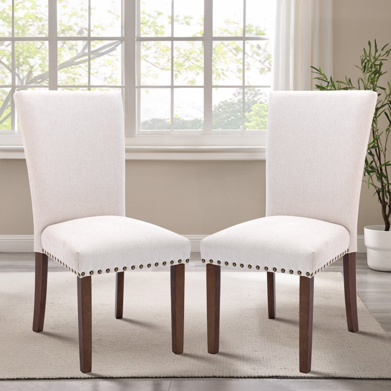 Upholstered Dining Side Chair with High Back and Nailhead Trim, Solid Wood Legs, Modern Parsons for Dining Room, Beige