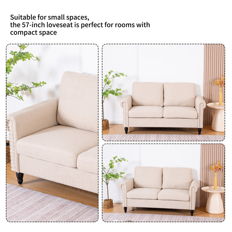 Causeuse à accoudoirs roulés 57 po, Lin beige, H 32,3 po x l 57 po x P 29,5 po
