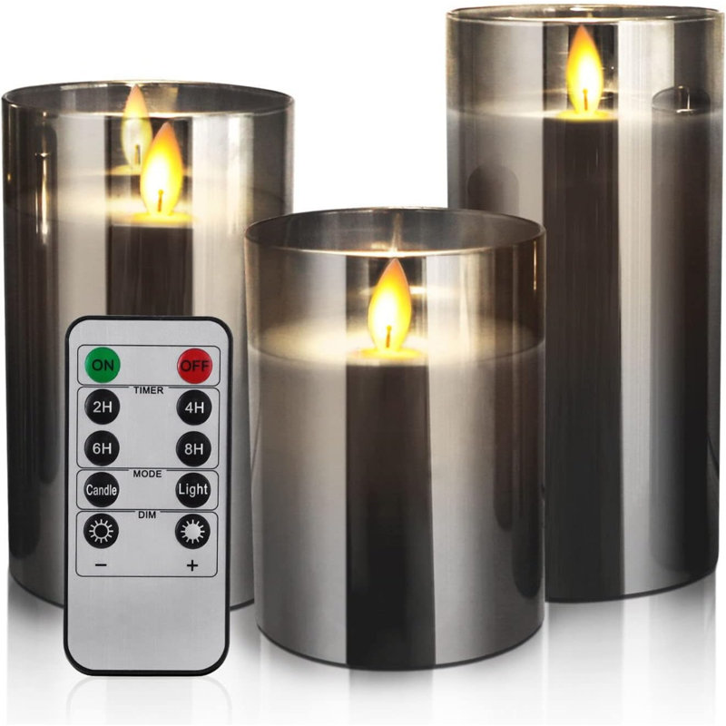 LED Candles 4" 5" 6" Set of 3 Real Wax Light, Battery Operated, Gold Glass Pillars, Remote Control, Timer, Indoor, Living Room, Vintage