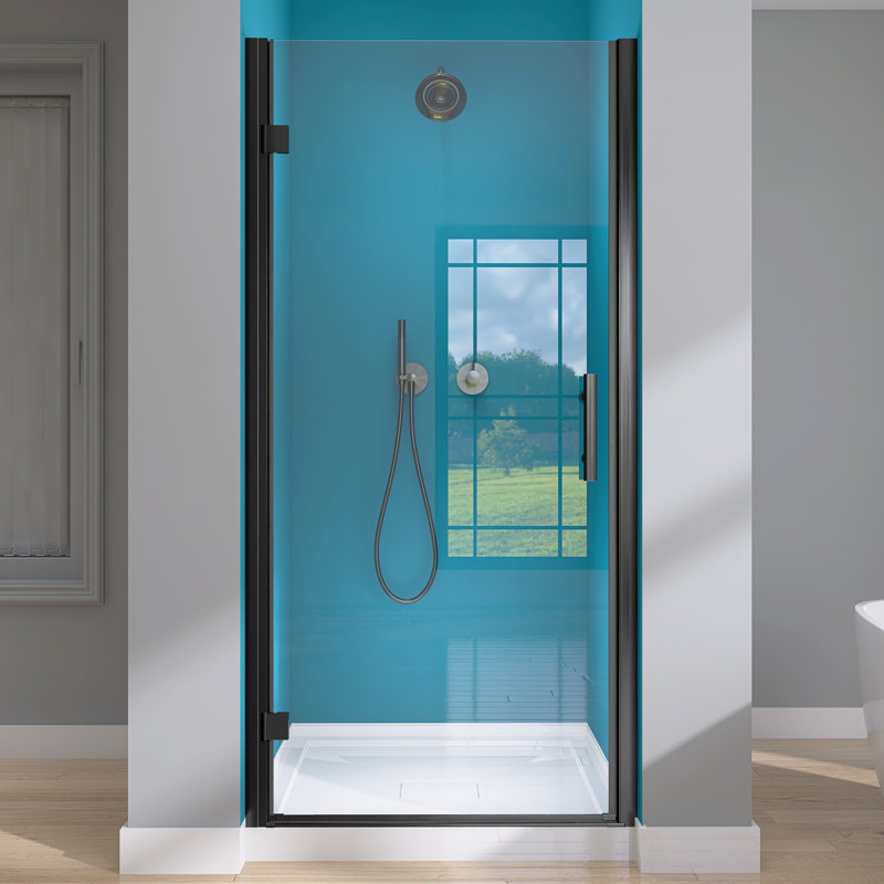 Porte de salle de bain pivotante à panneau pivotant sans cadre 36 "- 37 1/4" x H 72 "avec poignée en verre trempé, Noir mat