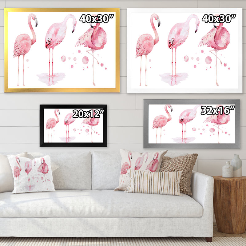 " Pink Flamingos On White " Painting Print, Gold Closed Corner Frame Canvas, 30" H x 40" W